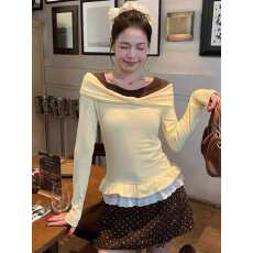 批发大码胖妹妹甜辣妹复古撞色蝴蝶结露肩长袖T恤女秋<b class='q'>冬</b>修身显瘦上衣