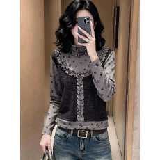 批发韩版甜美碎花木耳边半高领拼接假两件长袖t恤女士<b class='q'>冬</b>季针织衫上衣