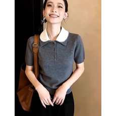 批发韩系娃娃领灰色短袖针织衫女2026春季新款设计百搭显瘦<b class='q'>通勤</b>上衣