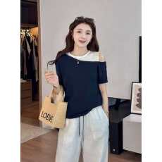 批发大码胖mm撞色拼接假两件露肩短袖T恤女夏季设计感遮肚子显瘦上衣