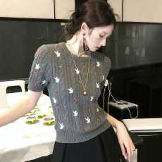 批发韩系穿搭白色碎花短袖针织衫女2026新款春装今年流行独特漂亮上衣