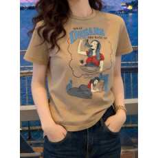 批发欧式洋气时尚穿搭卡其色做梦女孩短袖女休闲风宽松显白上衣百搭夏