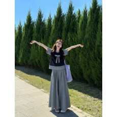 时尚假两件休闲运动套装女韩系少女感宽松蝴蝶结短袖阔腿裤两件套