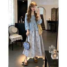 批发大码女装早春季新中式蓝色连衣裙子女装绝美漂亮穿搭碎花长裙套装