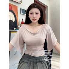 批发大码胖MM纯欲风荡领短袖T恤女夏季新款修身显瘦辣妹短款上衣ins潮