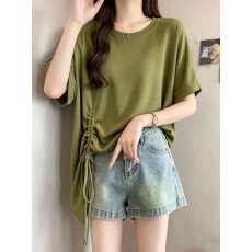 批发实拍大码宽松慵懒风抽绳针织t恤<b class='q'>夏</b>季显瘦遮肚子设计感短袖上衣