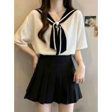 批发实拍短袖冰丝T恤<b class='q'>夏</b>季新款大码胖妹妹显瘦遮肚法式名媛海军领上衣