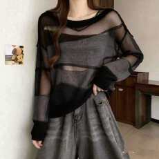 批发实拍韩系慵懒风气质网纱撞色针织衫<b class='q'>春</b>季新款休闲宽松打底上衣女装