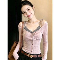 批发大码胖MM性感辣妹V领蕾丝吊带背心时尚减龄粉色露肩上衣两件套女
