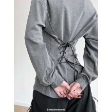 批发时尚辣妹V领收腰抽绳绑带长袖T恤女春<b class='q'>秋</b>新款韩版修身显瘦打底衫潮