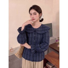 批发复古格子长袖衬衫女2026<b class='q'>夏</b>季大码胖mm荷叶领设计感小众时尚上衣潮