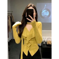 批发胖MM韩版气质V领飘带荷叶边针织衫<b class='q'>秋</b>季新款温柔风显瘦时尚上衣