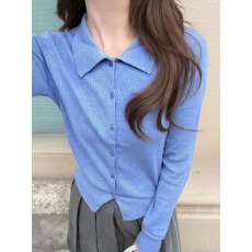 批发蓝色修身针织开衫早秋装女款2026新款慵懒松弛miu系穿搭外套上衣
