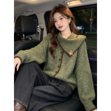 批发设计感复古大翻领针织开衫女秋季大码胖mm宽松慵懒风毛衣外套