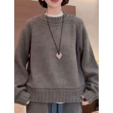 批发慵懒风纯色镂空圆领针织毛衣女2026秋冬新款时尚休闲宽松显瘦上衣