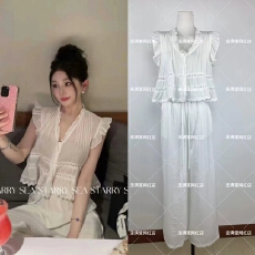 批发<b class='q'>PP</b> 轻甜夏日重工压褶荷叶边蕾丝花边上衣➕白色麻<b class='q'>裤</b>