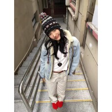 批发宅女at同款 羊羔绒夹棉牛仔水洗复古棉服夹克外套女冬