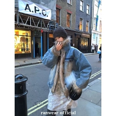 批发Ranwear 新一轮时髦定义 复古做旧水洗牛仔环葆皮草夹棉外套