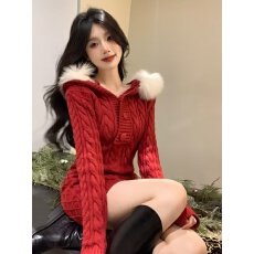 批发圣诞跨新年红色针织<b class='q'>连衣裙</b>女春秋冬氛围性感小个子礼服毛衣包臀