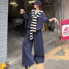 批发2025韩式休闲新款<b class='q'>条纹</b>披肩长袖宽松垂感拖地慵懒长<b class='q'>裤</b>套装百搭