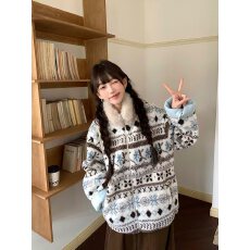 批发费尔岛毛领针织<b class='q'>外套</b>女2025秋冬新款复古<b class='q'>印花</b>加厚保暖宽松百搭毛衣