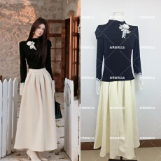 批发木子李的李法式名媛蕾丝拼接长袖高领针织衫上衣毛呢垂感半身裙<b class='q'>冬</b>