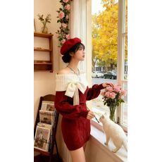 批发2025韩系纯欲甜辣一字肩<b class='q'>拼色</b>显瘦收腰毛衣设计感蝴蝶结针织包臀裙