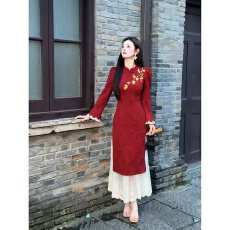 批发2025年新中式锦安新中式重工<b class='q'>提花</b>刺绣拼接假两件旗袍<b class='q'>连衣裙</b>子