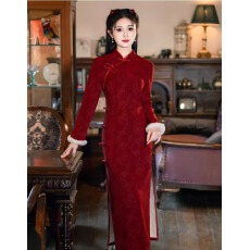 批发安哥拉红色国风中长款<b class='q'>秋</b>季长袖旗袍2025新款年轻款女复古修身裙