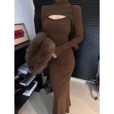 批发性感纯欲风半高领长袖后背蕾丝<b class='q'>网纱</b>包臀鱼尾<b class='q'>裙</b>收腰显身材连衣<b class='q'>裙</b>女