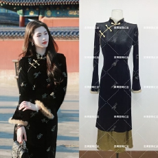 批发凌茜恣禾 雨墨'新中式丝绒假两件<b class='q'>改良</b><b class='q'>旗袍</b>秋冬款女烫金收腰连衣