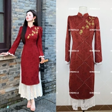 批发2025年新中式锦安新中式重工<b class='q'>提花</b>刺绣拼接假两件旗袍<b class='q'>连衣裙</b>子