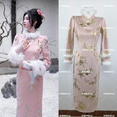 批发加绒加厚粉色<b class='q'>旗袍</b>2025年新款<b class='q'>改良</b>新中式复古长袖订婚服女连衣
