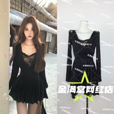 批发Mejiu蜜九幽夜幻灵法式<b class='q'>镂空</b>蕾丝针织<b class='q'>连衣裙</b>女秋冬蝴蝶结裙子