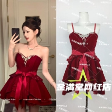 批发Catyears猫年 罗曼蒂克~圣诞主题小礼裙 复古红<b class='q'>丝绒</b>连衣裙+腰封