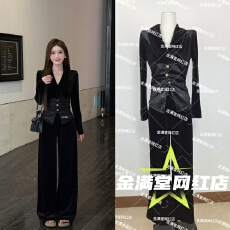 批发奢宠主角雾中芭蕾V领<b class='q'>丝绒</b>拼接纽扣显瘦上衣直筒裤<b class='q'>套装</b>