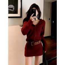 批发2025新款韩系灰色针织连衣裙子女<b class='q'>秋</b>冬季修身内搭收腰包臀毛衣裙