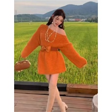 批发韩系宽松慵懒风露肩<b class='q'>长袖</b>针织衫套头毛衣女秋季小众设计感百搭上衣