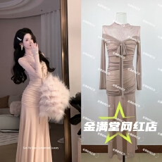 批发雅乔定制法式重工蕾丝拼<b class='q'>网纱</b>烫钻加绒长袖连衣<b class='q'>裙</b>