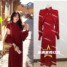 批发17号晚20点大Eees 东方之美 立领翻领两穿蕾丝旗袍加绒<b class='q'>连衣裙</b>