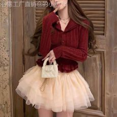 批发迟伞伞25/fw雪松温庭 vintage翻领木耳边羊毛针织两色皱皱白裙