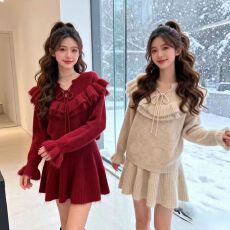 批发冬装韩系穿搭一整套针织套头荷叶边系带毛衣短裙套装减龄两件套