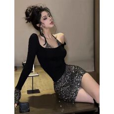 批发FORNIS 假两件亮片吊带T恤显瘦<b class='q'>半身裙</b>套装