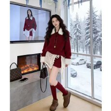 批发慵懒松弛感穿搭一整套毛毛翻领针织衫短裤子休闲气质两件套装女