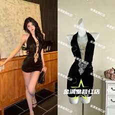 批发牛牛轻熟女法式性感辣妹纯欲气质钉钻<b class='q'>露背</b><b class='q'>连衣裙</b>