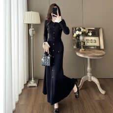 批发2026<b class='q'>欧美风</b>新款优雅长裙长袖针织毛衣新潮长款<b class='q'>连衣裙</b>＋腰带