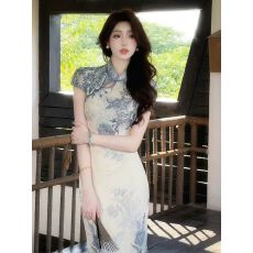 批发2026凌茜恣禾<b class='q'>青花瓷</b>新中式印花改良旗袍<b class='q'>连衣裙</b>女夏季镂空收腰长裙