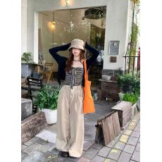 批发2026韩系简约百搭长袖开衫+条纹绑带抹胸背心+抽绳休闲裤三件套