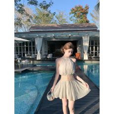 批发kubiliv海蓝碎珀重工挂脖挖肩纯欲氛围感手工钉珠收腰连衣裙