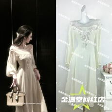 批发雅乔定制月落无声 <b class='q'>钉珠</b>亮片网纱拼接白月光<b class='q'>连衣裙</b>